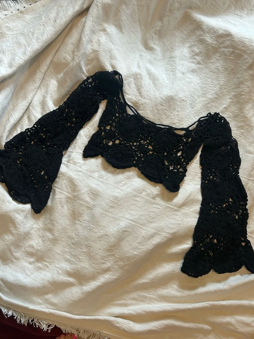 NWOT Handmade Crochet Bell Sleeve Cropped Festival Top - Black, size XS-M